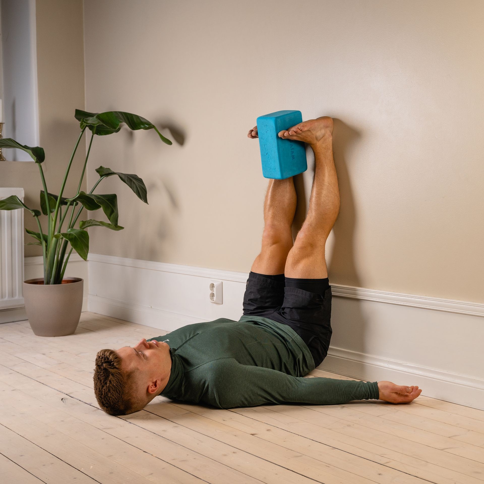 Person lying on back with legs against wall, holding a yoga block between feet.